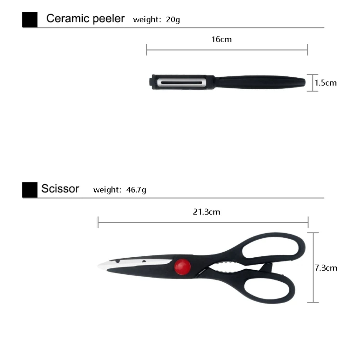 dimenzije kuhinjskih nozeva makaza i gulilice iz kompleta