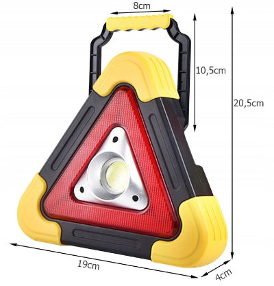 Prikaz dimenzija prenosivog LED reflektora u obliku trougla, kompaktnih dimenzija i lak za prenos.