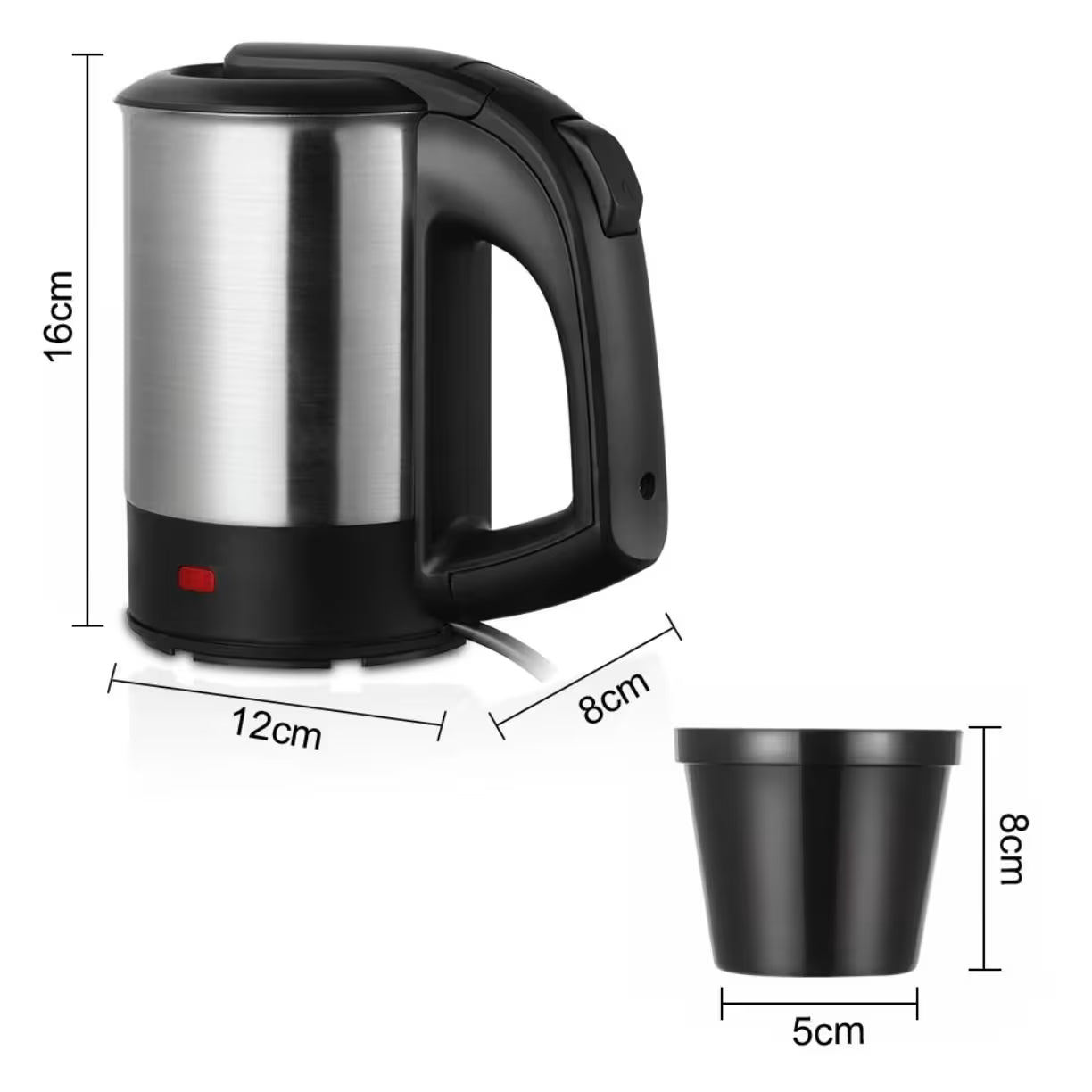 Prikaz dimenzija putnog kuvala visine 16 cm i sirine 12 cm uz dodatak dimenzija male crne solje