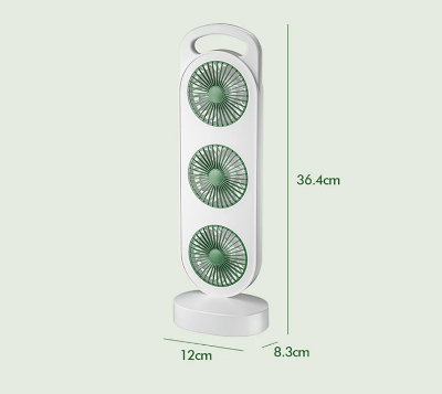 Dimenzije malog prenosnog ventilatora sa tri ventilatora, sa prikazom sirine 12 cm, visine 36.4 cm i dubine 9.3 cm. Kompaktno i prenosivo.