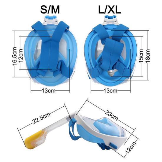 Dimenzije maske za snorkeling S M i L XL sa prikazom visine sirine i duzine disalice