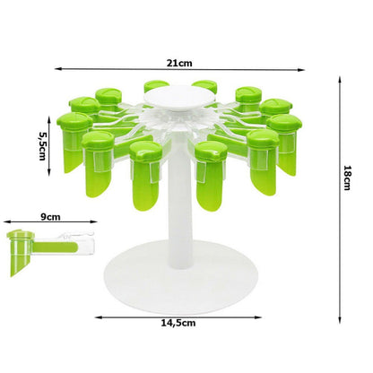 Prikazane dimenzije rotirajuceg stalka za zacine, visina, sirina i dimenzije drzaca za kesice.