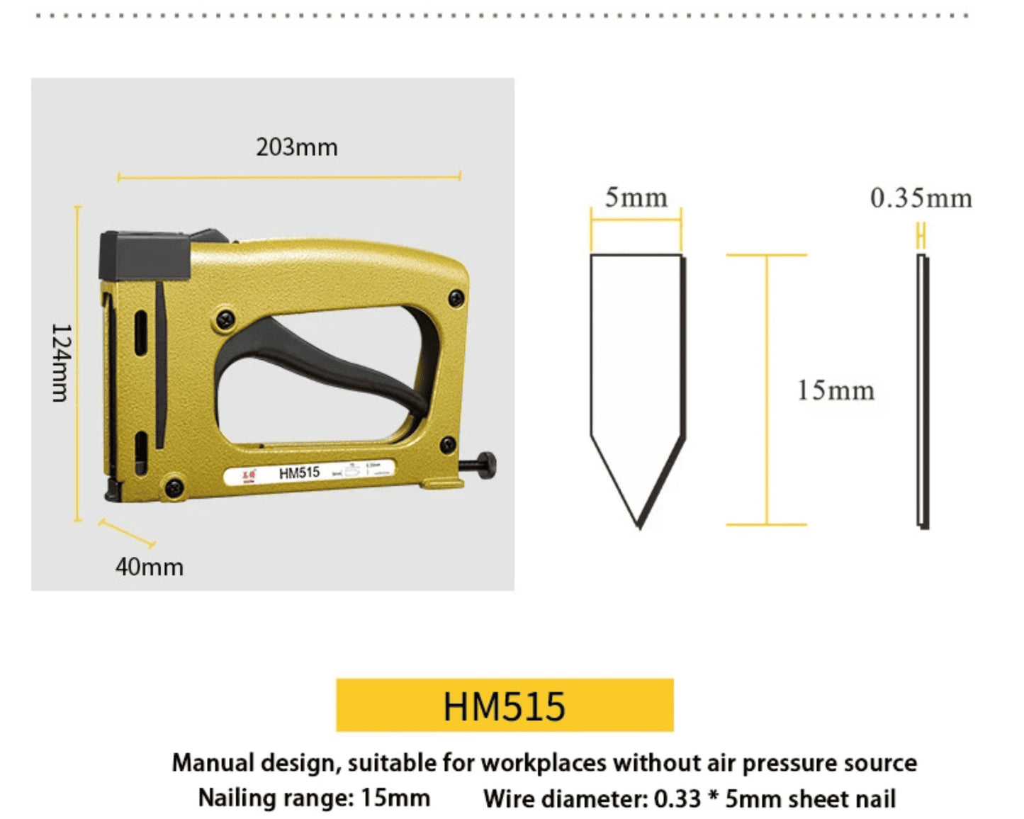 Dimenzije rucne klamerice HM515 sa prikazom velicine i spajalica