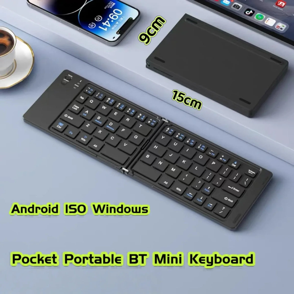 Dimenzije sklopive mini bluetooth tastature pored telefona