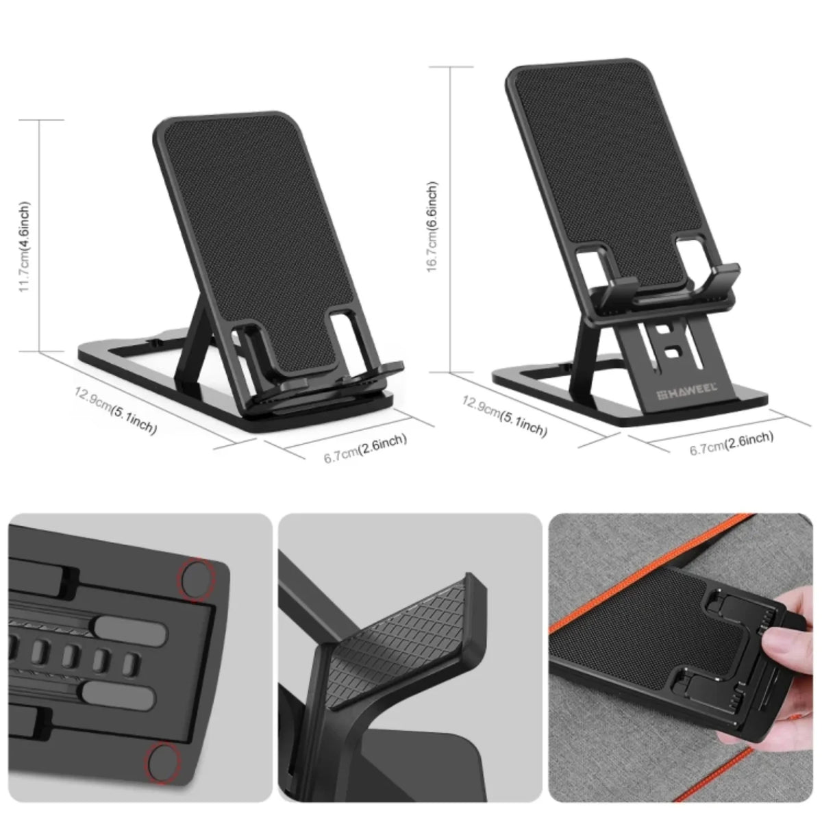 Dimenzije i detalji sklopivog stalka za telefon i tablet