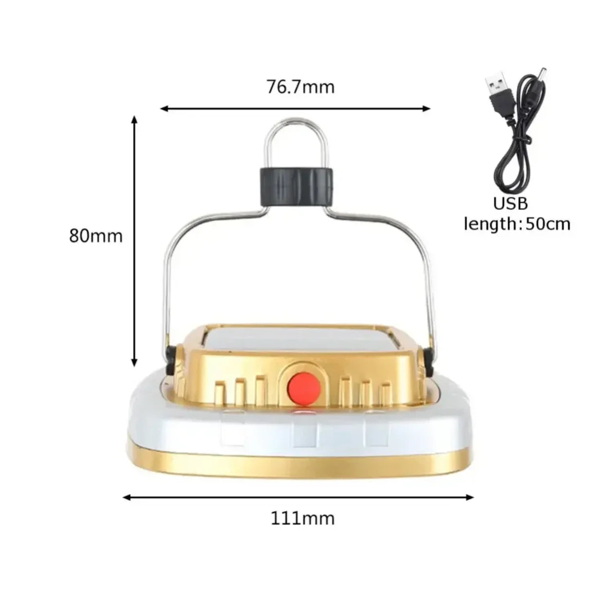 Dimenzije solarne kamperske lampe sa prikazom USB kabla od 50 cm
