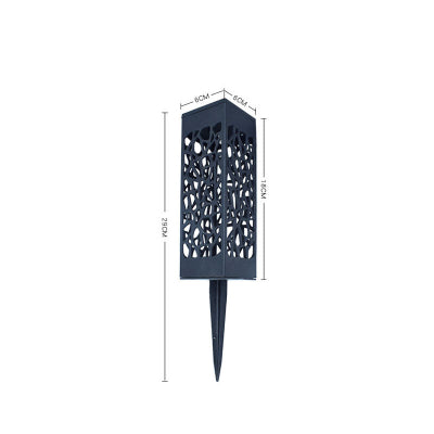 Prikaz dimenzija solarne bastenske lampe, visine 29cm sa postoljem za zemlju, sirine 6cm, kompaktna i elegantna za rasvetu.