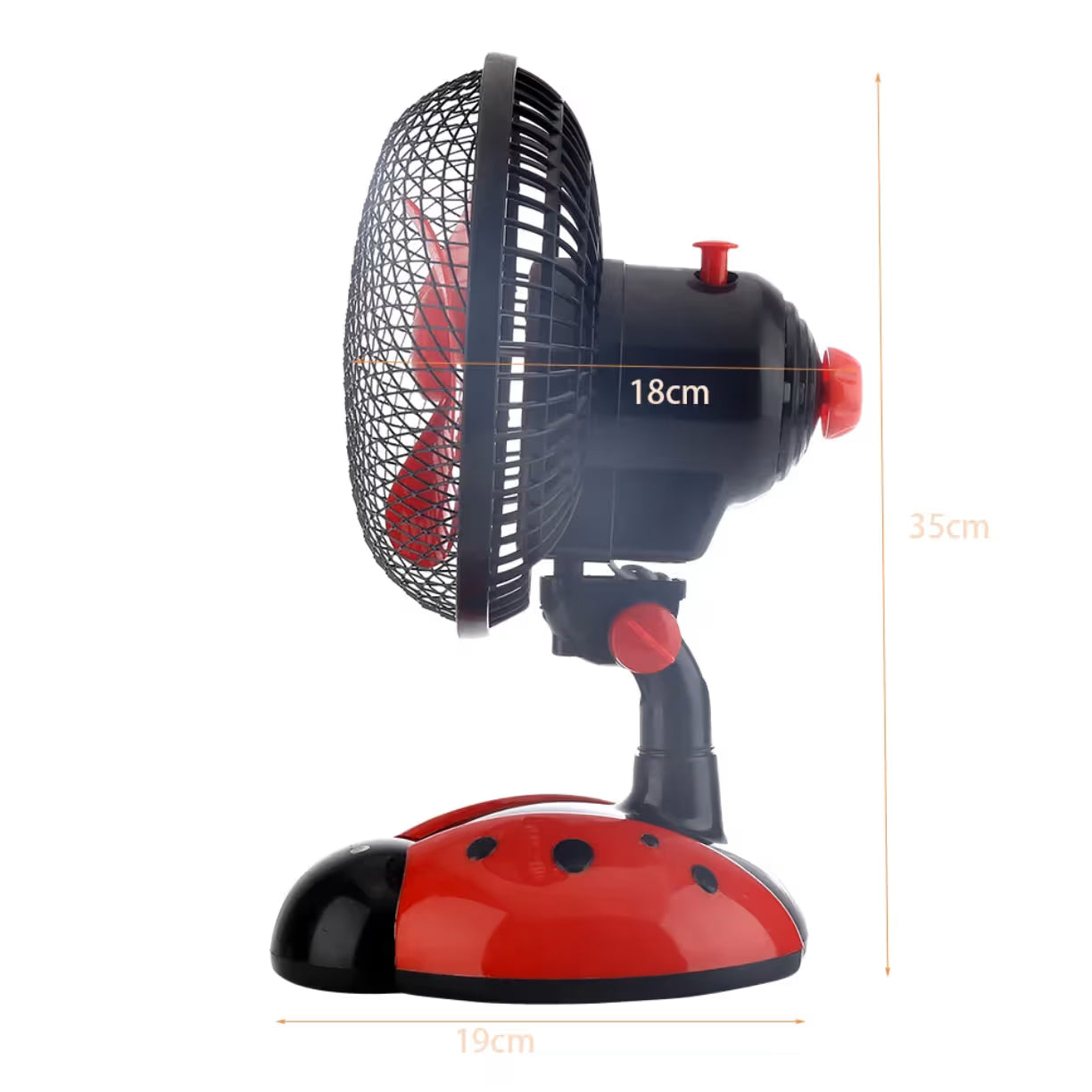 Bocni prikaz malog crno crvenog ventilatora sa grafickim oznakama visine od trideset pet centimetara i sirine postolja od devetnaest centimetara