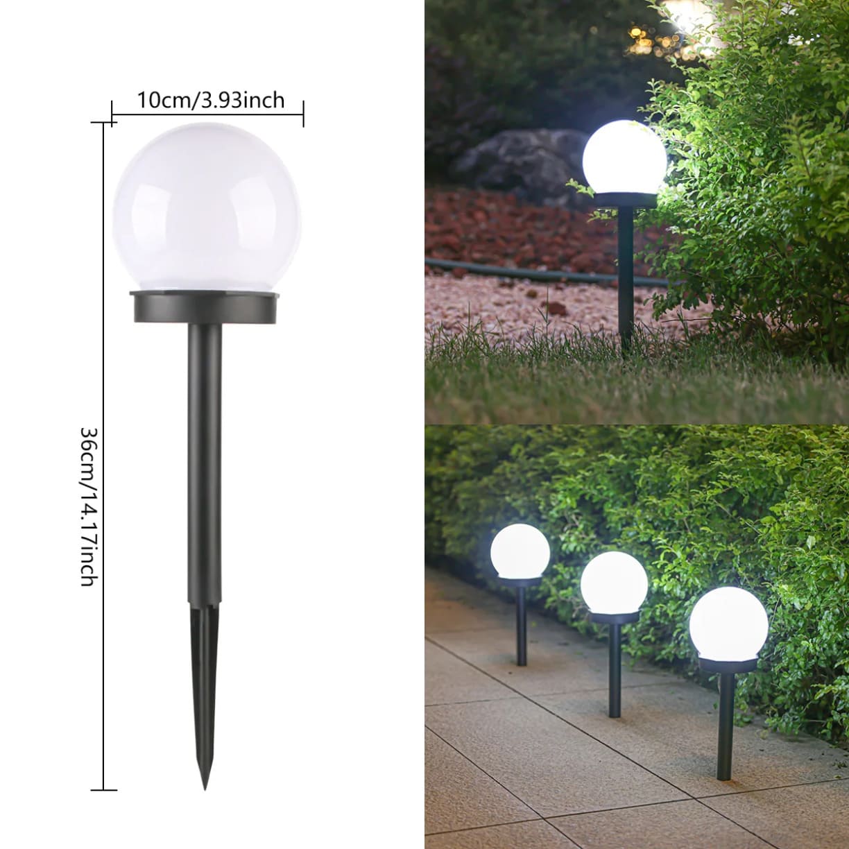 Prikaz dimenzija okrugle solarne lampe sa označenom visinom od 36cm i prečnikom kugle od 10cm, uz kadrove njene primene u dvorisštu