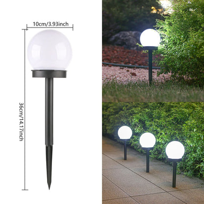 Prikaz dimenzija okrugle solarne lampe sa označenom visinom od 36cm i prečnikom kugle od 10cm, uz kadrove njene primene u dvorisštu