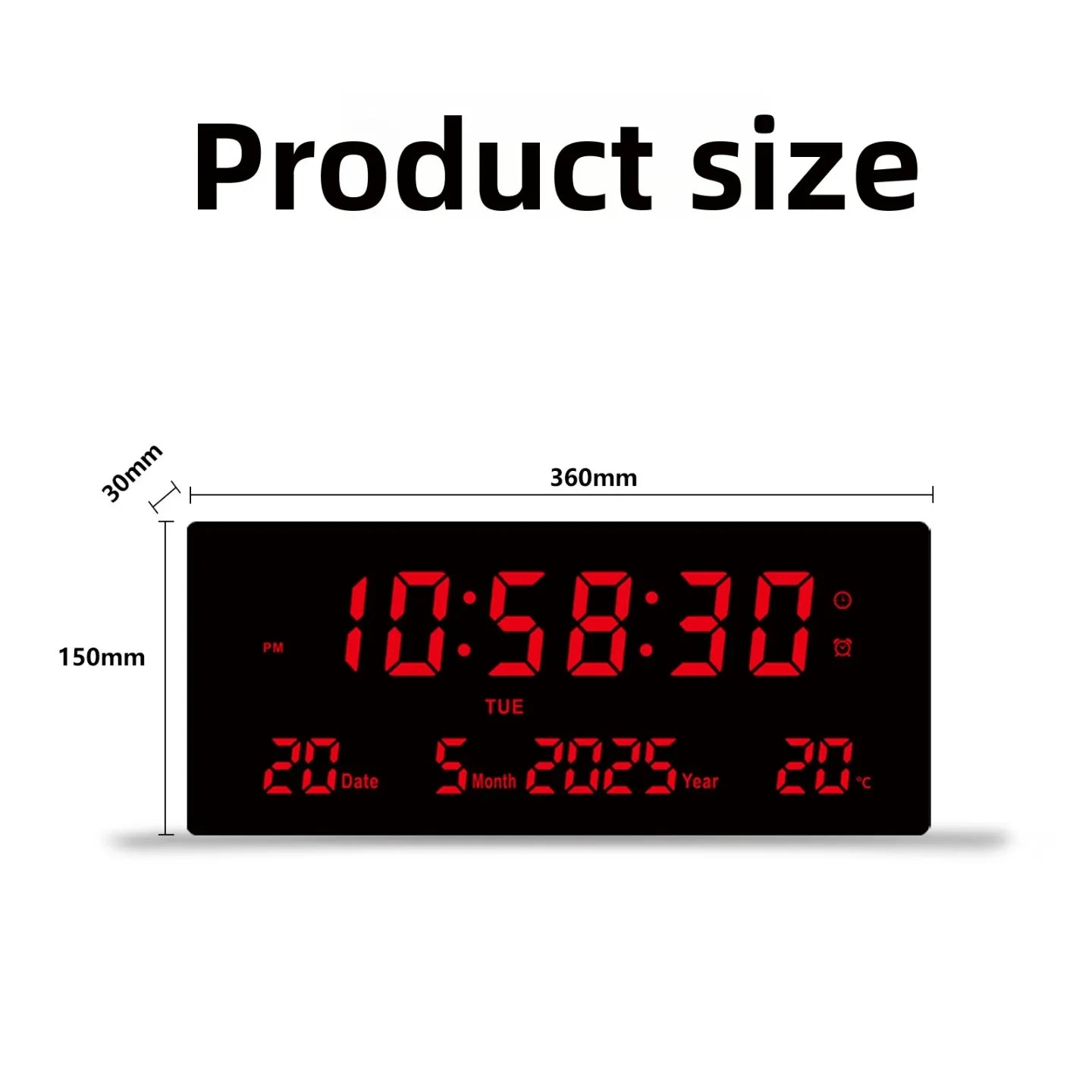 Dimenzije velikog LED digitalnog zida i stonog sata 360x150x30 mm