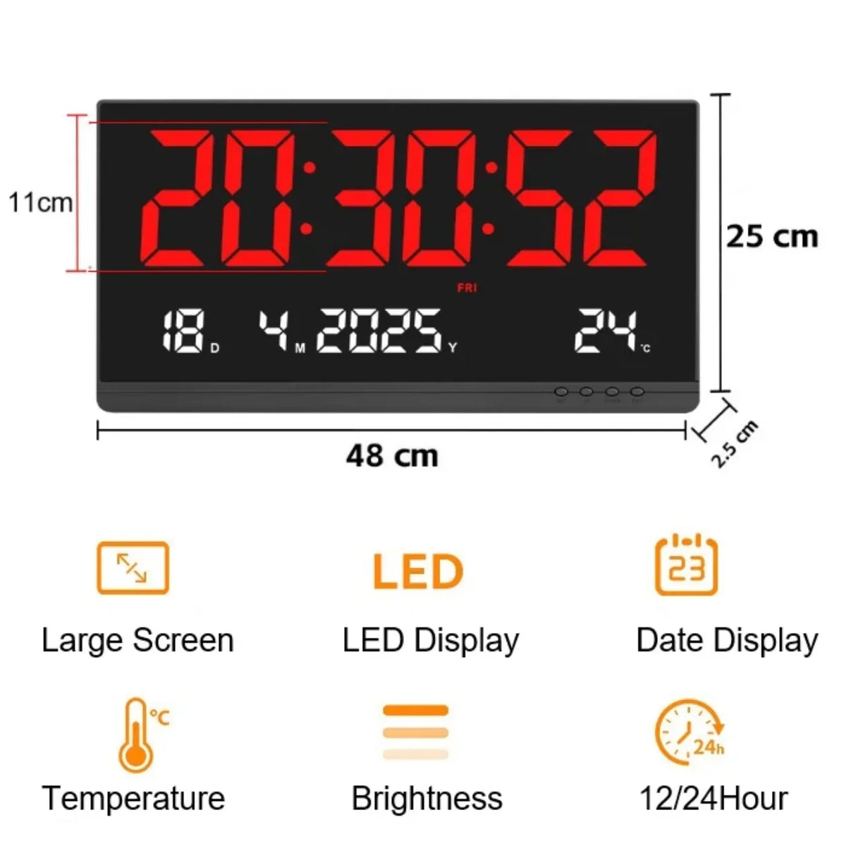 Dimenzije velikog digitalnog zidnog sata 48x25 cm sa LED displejem