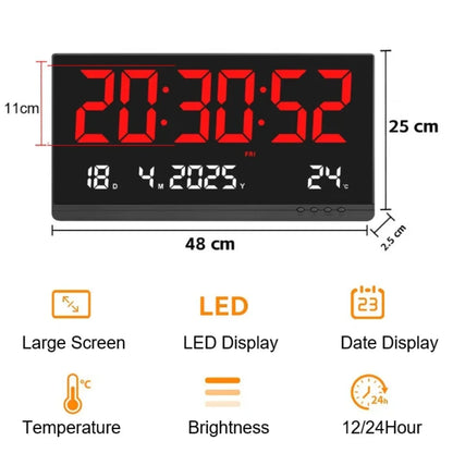 Dimenzije velikog digitalnog zidnog sata 48x25 cm sa LED displejem