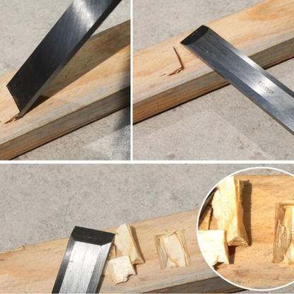 Kolaz slika prikazuje proces koriscenja dleta za obradu drveta. Vidljivo je kako alat stvara zljebove i uklanja delove drveta sa preciznoscu.