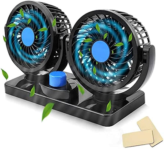 Dupli auto ventilator na crnom postolju sa dve glave
