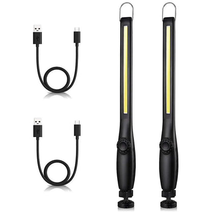 Detaljan prikaz kompleta: dve COB LED radne lampe i dva USB kabla za punjenje.