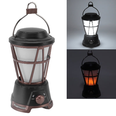 Prikaz dva moda osvetljenja retro lampe za kampovanje: toplo zuto svetlo i jarko belo svetlo.