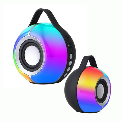 Dva sfericna bluetooth zvucnika sa crnom ruckom i RGB osvetljenjem