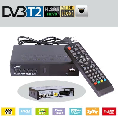 DVB T2 digitalni risiver sa daljinskim upravljacem, prikazan prednji i zadnji panel. Uredjaj za prijem digitalnih kanala.