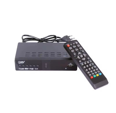 DVB T2 risiver za prijem digitalnog TV signala sa daljinskim upravljacem. Prikazane su glavne funkcije: Full HD 1080p, H.265 HEVC i PVR.