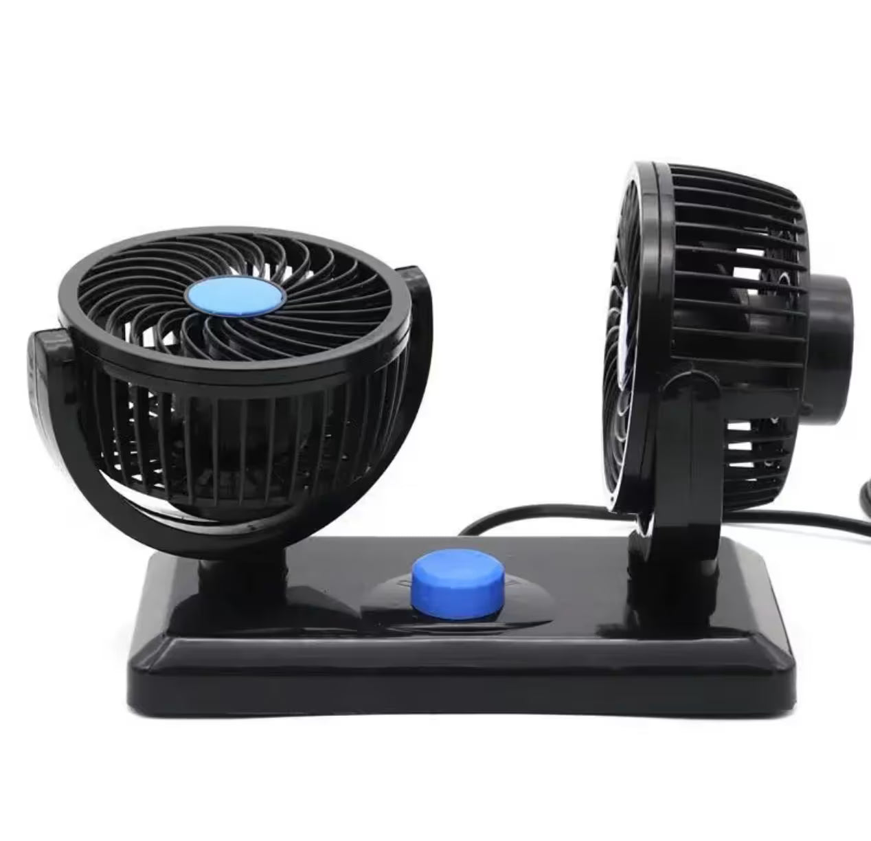 Crni ventilator sa dve glave i plavim detaljima gde je jedna glava okrenuta nagore a druga pravo