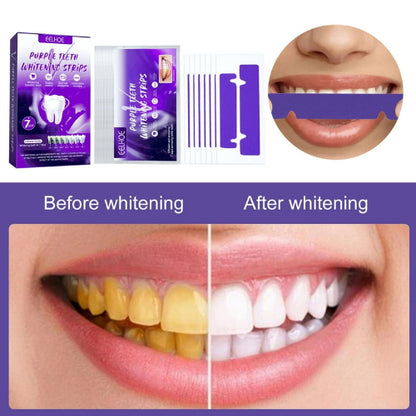 Prikaz Eelhoe ljubičastih trakica za izbeljivanje zuba i rezultata pre i posle korišćenja. Gornji levi deo prikazuje pakovanje trakica. Pored njega su same trakice i aplikator. U gornjem desnom uglu je prikaz upotrebe trakice na zubima. Donji deo slike je podeljen na dva dela: "Before whitening" (Pre izbeljivanja) sa žutim zubima i "After whitening" (Posle izbeljivanja) sa belim zubima.