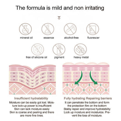 Prikaz formule i dejstva Eelhoe Eternity Vitamin C Seruma PRO. Na vrhu stoji tekst "The formula is mild and non irritating" (Formula je blaga i ne iritira). Ispod su ikone koje označavaju da serum ne sadrži: mineralno ulje, esenciju, alkohol, fluorescenciju, silikonsko ulje, pigment i teške metale. Ispod ikona su dva prikaza kože: levo "Insufficient hydratability" (Nedovoljna hidratacija) sa suvom, ispucalom kožom i finim linijama, i desno "Fully hydrating Repairing barriers"(Potpuno hidriranje, obnavljanje