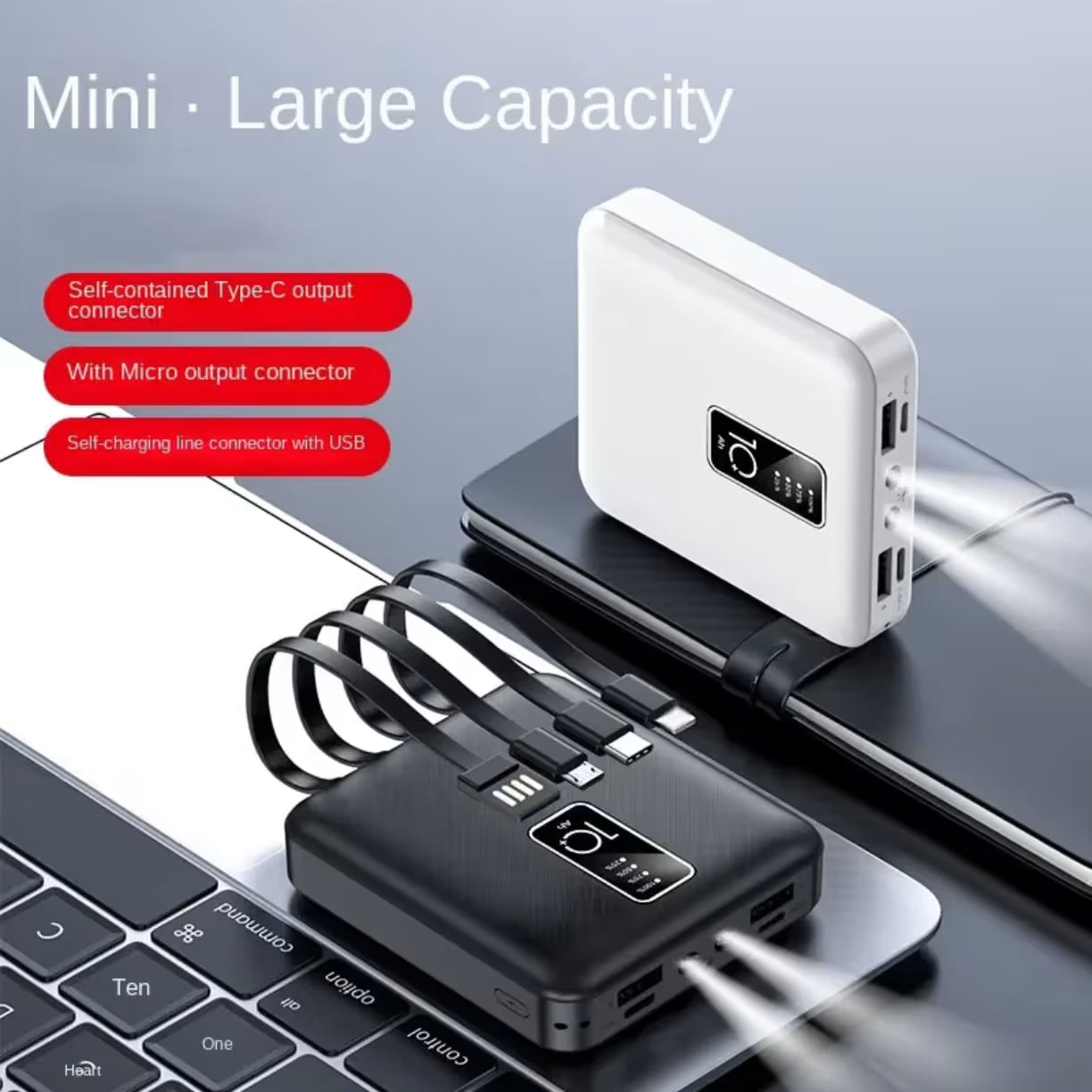 Crni i beli mini power bank sa duplim LED svetlom i digitalnim indikatorom napunjenosti