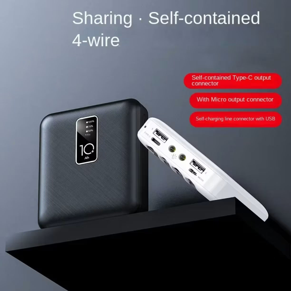 Prikaz bočnih USB ulaza, LED dioda i digitalnog ekrana na mini prenosivoj bateriji