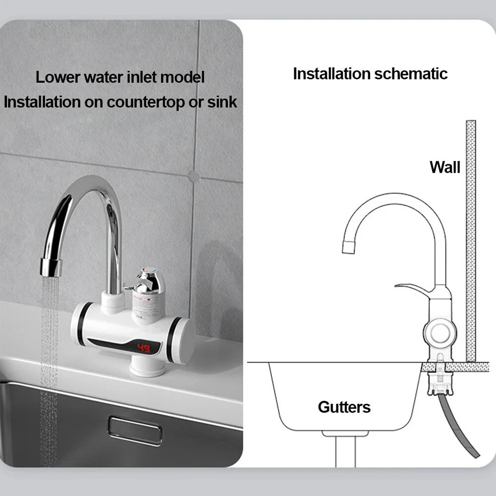 Elektricna protocna slavina sa grejacem prikaz instalacije na sudoperu i sema montaze