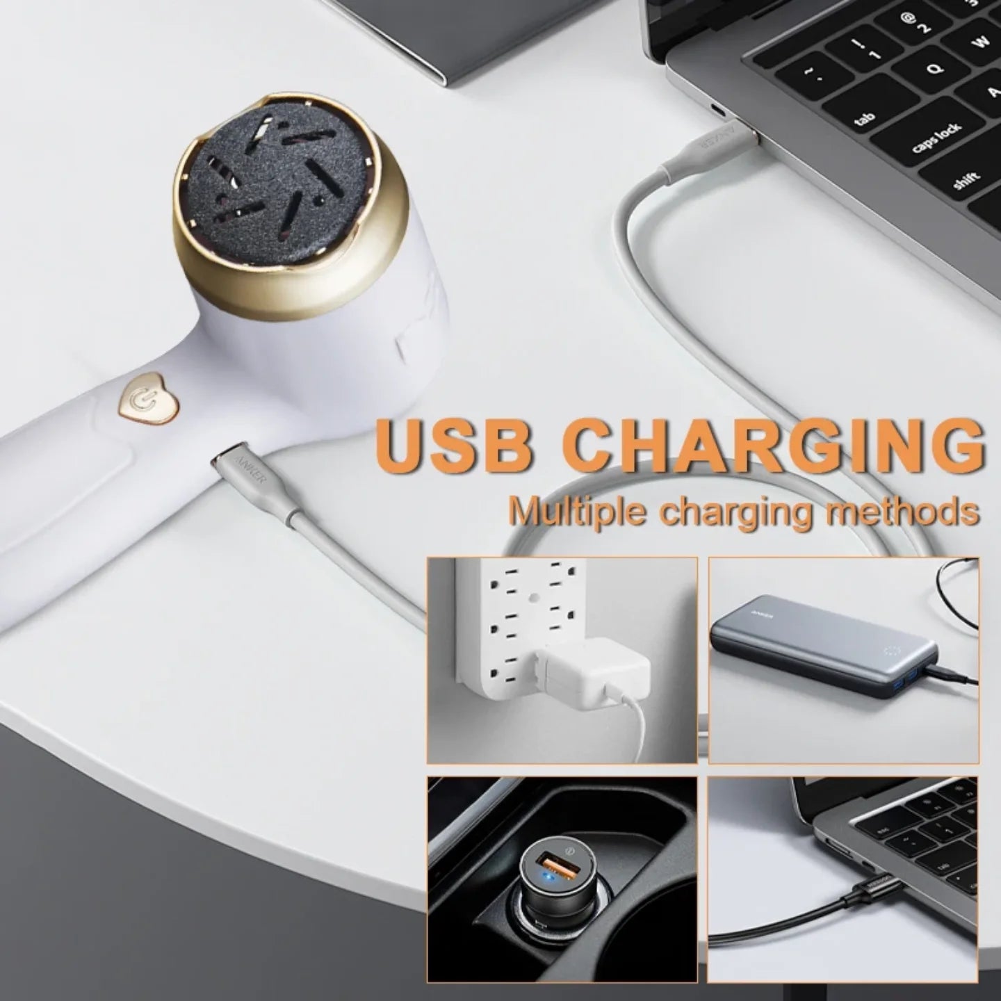 USB punjenje elektricne turpije za stopala preko laptopa, adaptera i power banka