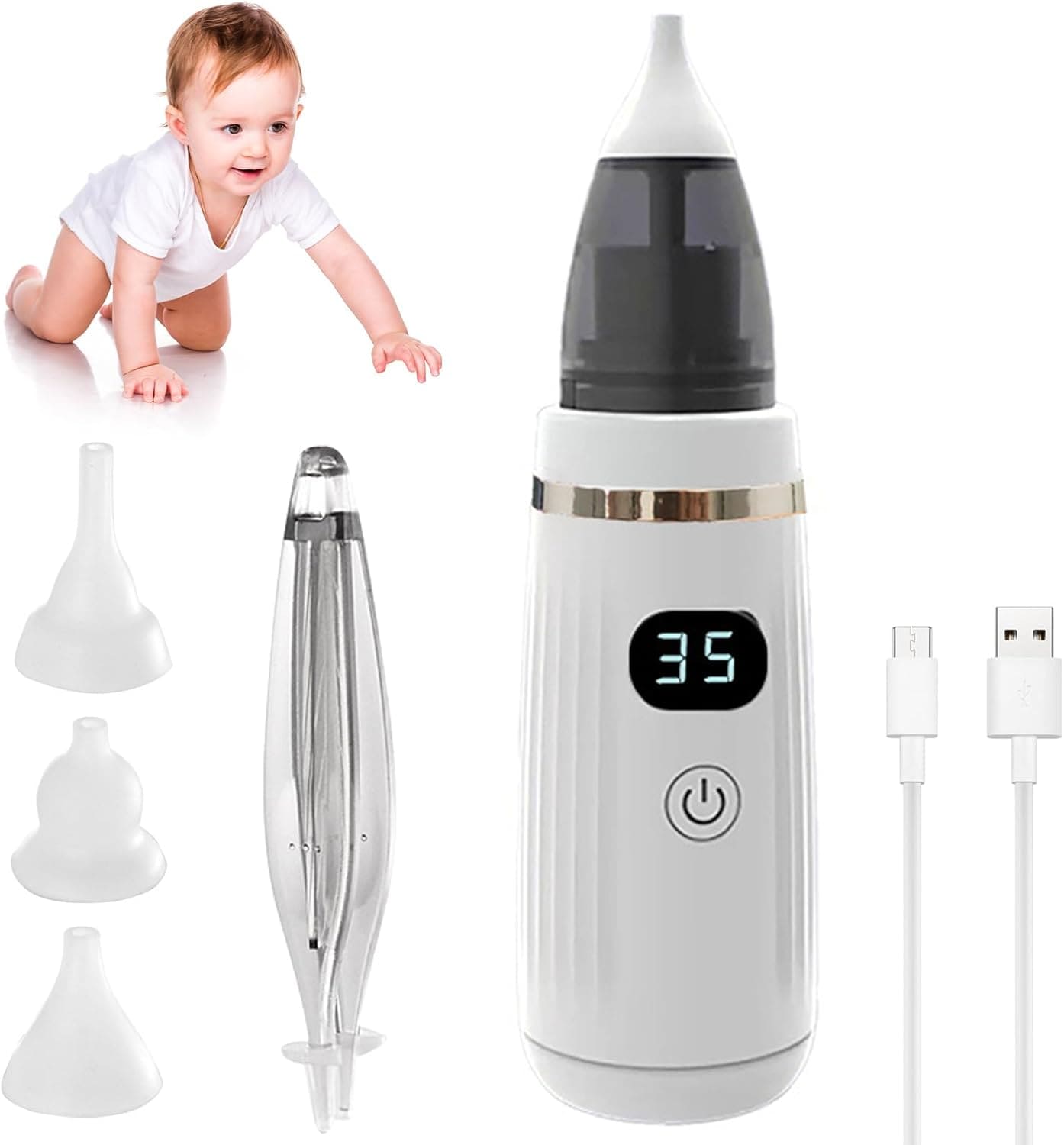 Elektricni aspirator za nos za bebe sa silikonskim nastavcima i pincetom za bezbedno i lako ciscenje nosica