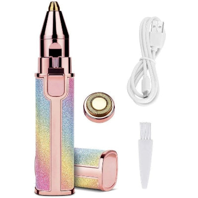 Zenski elektricni epilator sa dve zamenljive glave, USB kablom za punjenje i cetkicom za ciscenje, u pakovanju. Idealan za lice, obrve, telo.