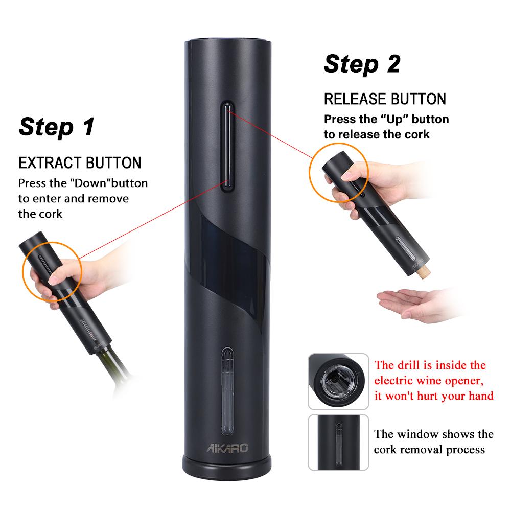 Koriscenje elektricnog otvaraca vina sa dugmadima za vadjenje i izbacivanje plute