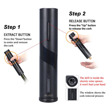 Koriscenje elektricnog otvaraca vina sa dugmadima za vadjenje i izbacivanje plute