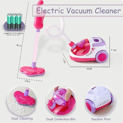 Detaljan prikaz delova elektricnog usisivaca iz seta za decu, ukljucujuci delove na baterije i posudu za sakupljanje prasine.