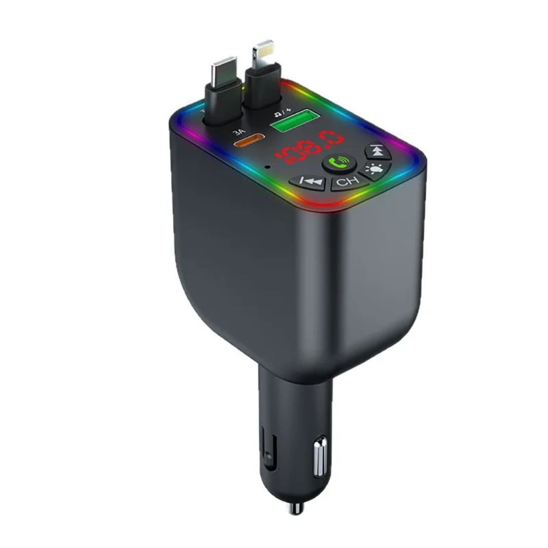 FM transmiter i brzi punjac za auto sa modernim rgb svetlom i usb prikljuccima