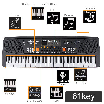 Funkcije decijeg sintisajzera, 61 taster. Prikazane mogucnosti poput snimanja, ritmova, raznih instrumenata.