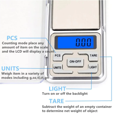 Funkcije digitalne precizne vage. Prikazane opcije, tare, jedinice mere i pozadinsko osvetljenje.