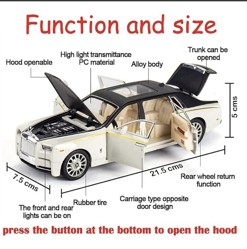 Funkcije i dimenzije modela automobila Rolls Royce Phantom. Detaljan prikaz, karakteristike igracke.