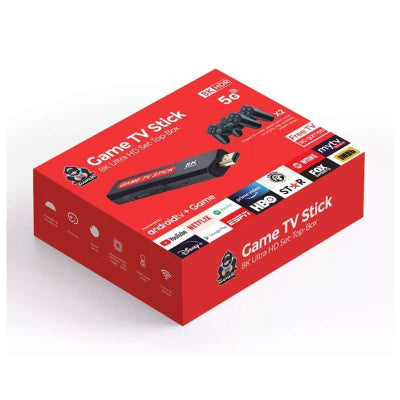 Crvena kutija 8K Game TV Stick-a sa slikom uređaja, dzojstika i logotipa 5G mreže.
