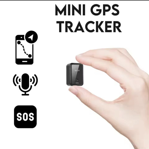 Crni GF-09 mini GPS tracker u ruci, pored ikonica koje simbolizuju pracenje lokacije, dvosmerni audio i SOS funkciju.