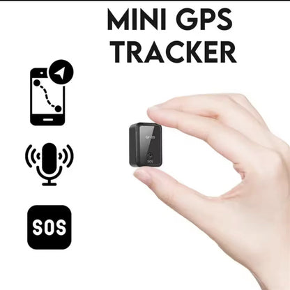 Crni GF-09 mini GPS tracker u ruci, pored ikonica koje simbolizuju pracenje lokacije, dvosmerni audio i SOS funkciju.