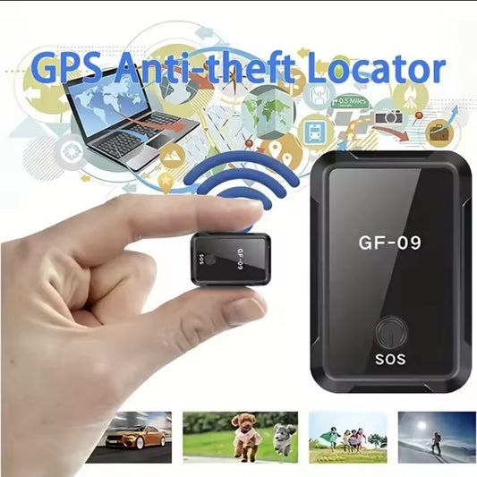 Crni GF-09 mini GPS tracker u ruci, sa grafickim prikazom pracenja lokacije na laptopu i ikonicama koje simbolizuju koriscenje trackera za pracenje automobila, ljubimaca, dece i aktivnosti na otvorenom.