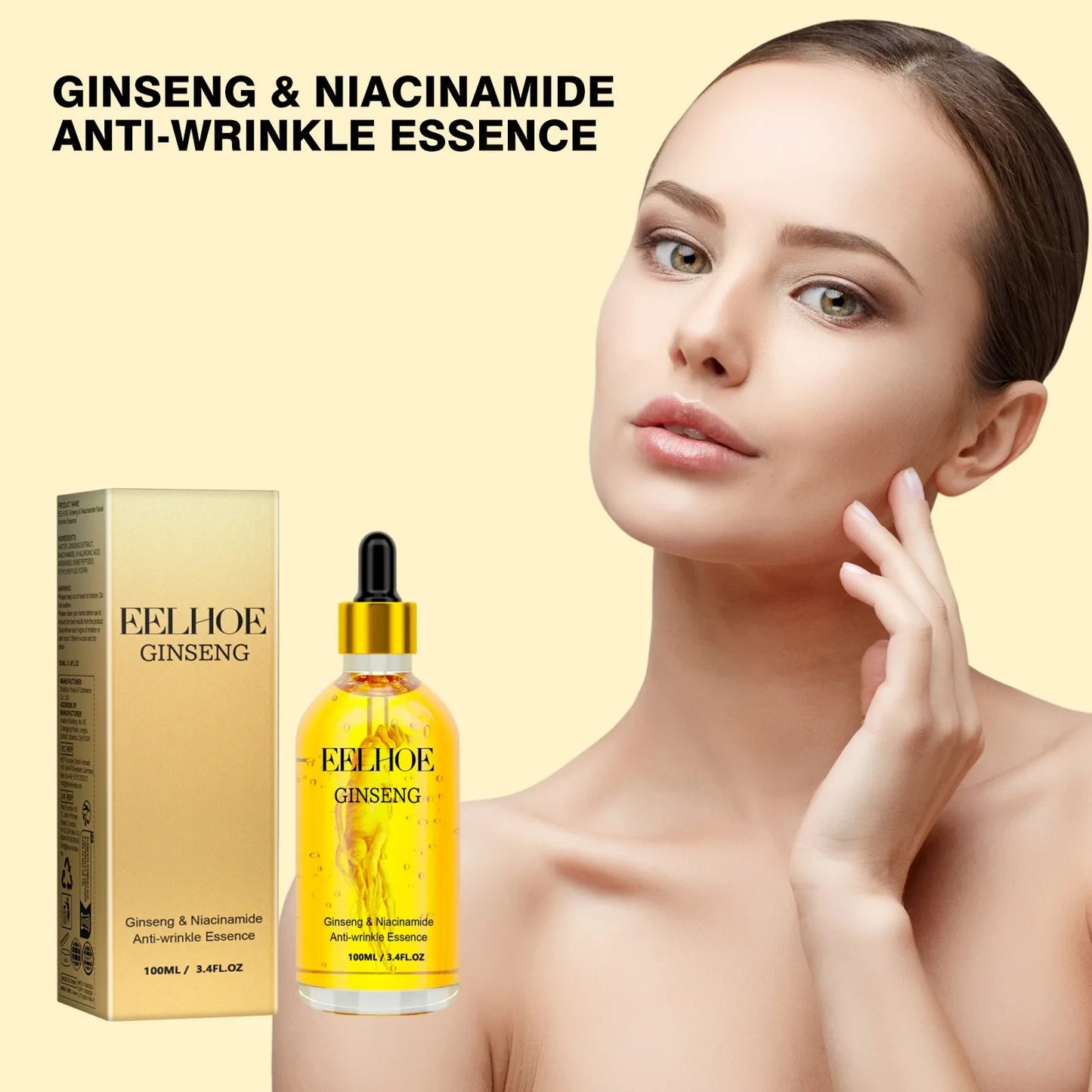 Ginseng i niacinamid serum za lice pored modela sa glatkom kozom