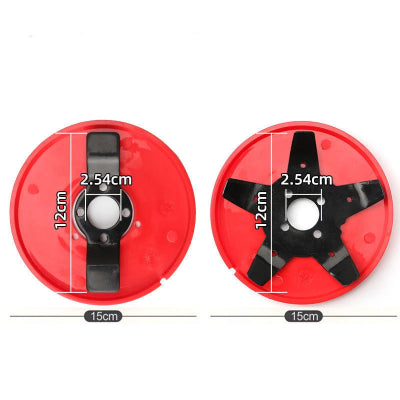 Detaljan prikaz dimenzija metalne glave za trimer, precnik 15cm, visina 12cm, rupa 2.54cm, alat za kucnu upotrebu.