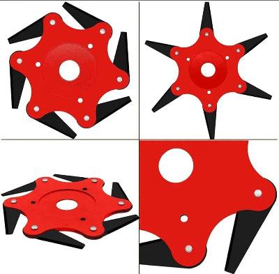 Prikaz univerzalne glave trimera iz vise uglova, sa sest nozeva i nastavcima.