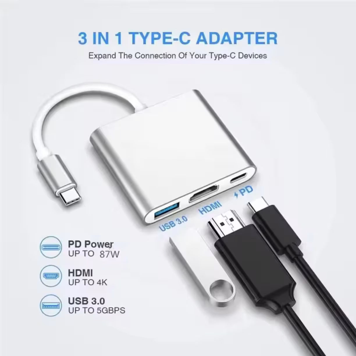 Ilustracija sa tehnickim specifikacijama za PD napajanje do 87W, HDMI 4K rezoluciju i USB prenos do 5Gbps