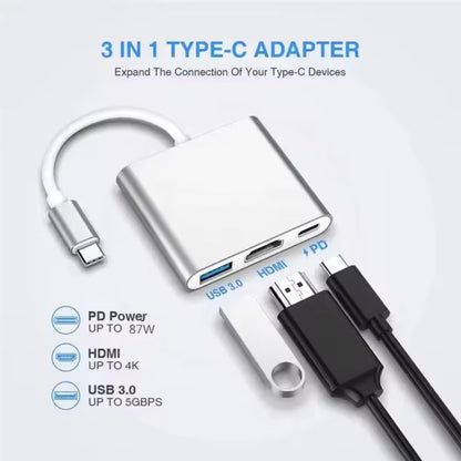 Ilustracija sa tehnickim specifikacijama za PD napajanje do 87W, HDMI 4K rezoluciju i USB prenos do 5Gbps