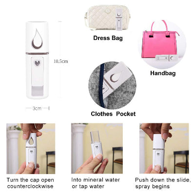 Prikaz koliko je rasprsivac praktican. Staje u torbu za ruku, ranac ili bilo koju putnu torbu. Uvek pri ruci za hidrataciju lica.